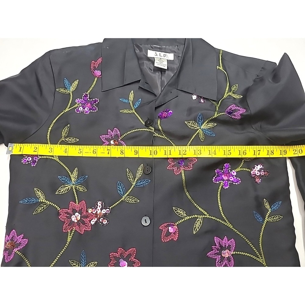 S.L.B.‎ 100% Silk Vintage Blazer Size 6 Floral Embroidered Sequins Y2K Shimmer - Picture 7 of 9